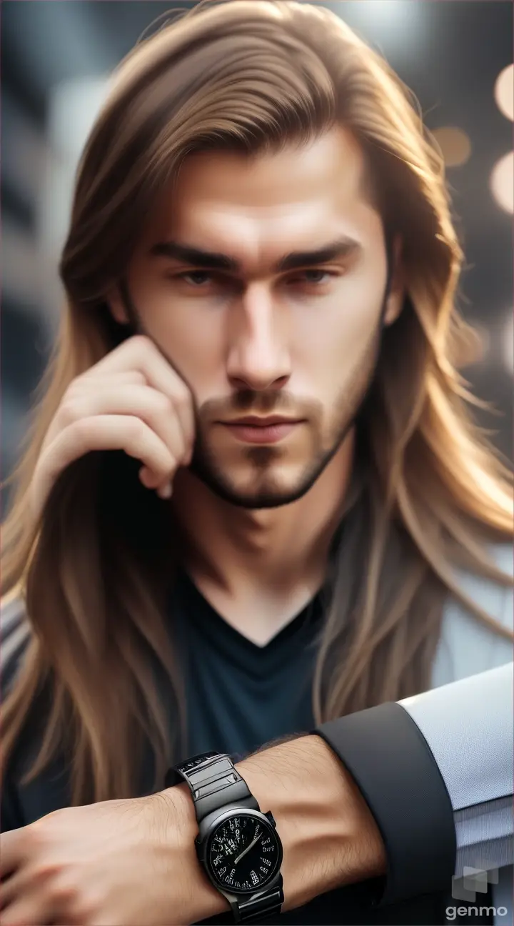 Young long hair man wearing smart watch