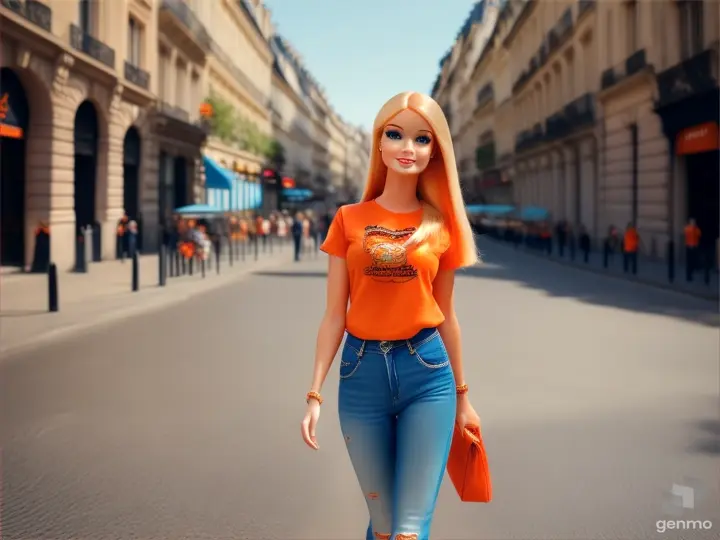 Barbie in orange  t shirt blue jeans  walking in paris