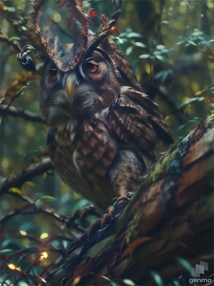 An owl on a tree branch in a forest at night with full moon and fireflies in background