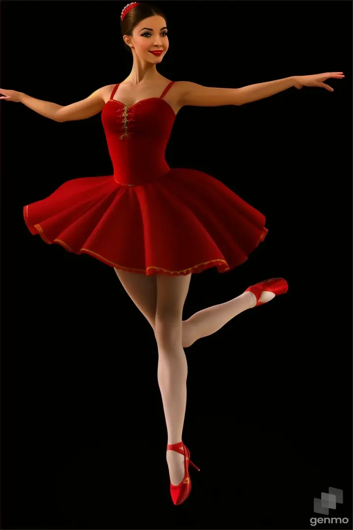 cartoon girl in a red Spanish dress. A ballerina in a Carmen costume dances the Spanish dance of castanets and makes a big jump across the stage. The ballerina has a perfect body, in the image there are only two arms and two legs. Long shot