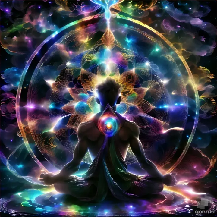 a person sitting in the middle of a circle of light, universe and magic background