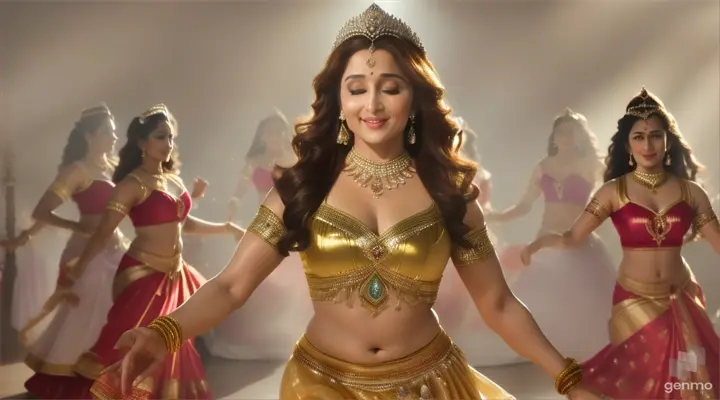 realism/ cinematic / 4k high definition / actress madhuri dixit in queen costume romantic dancing at beautiful natural place/ background female  dancers are dancing in mist