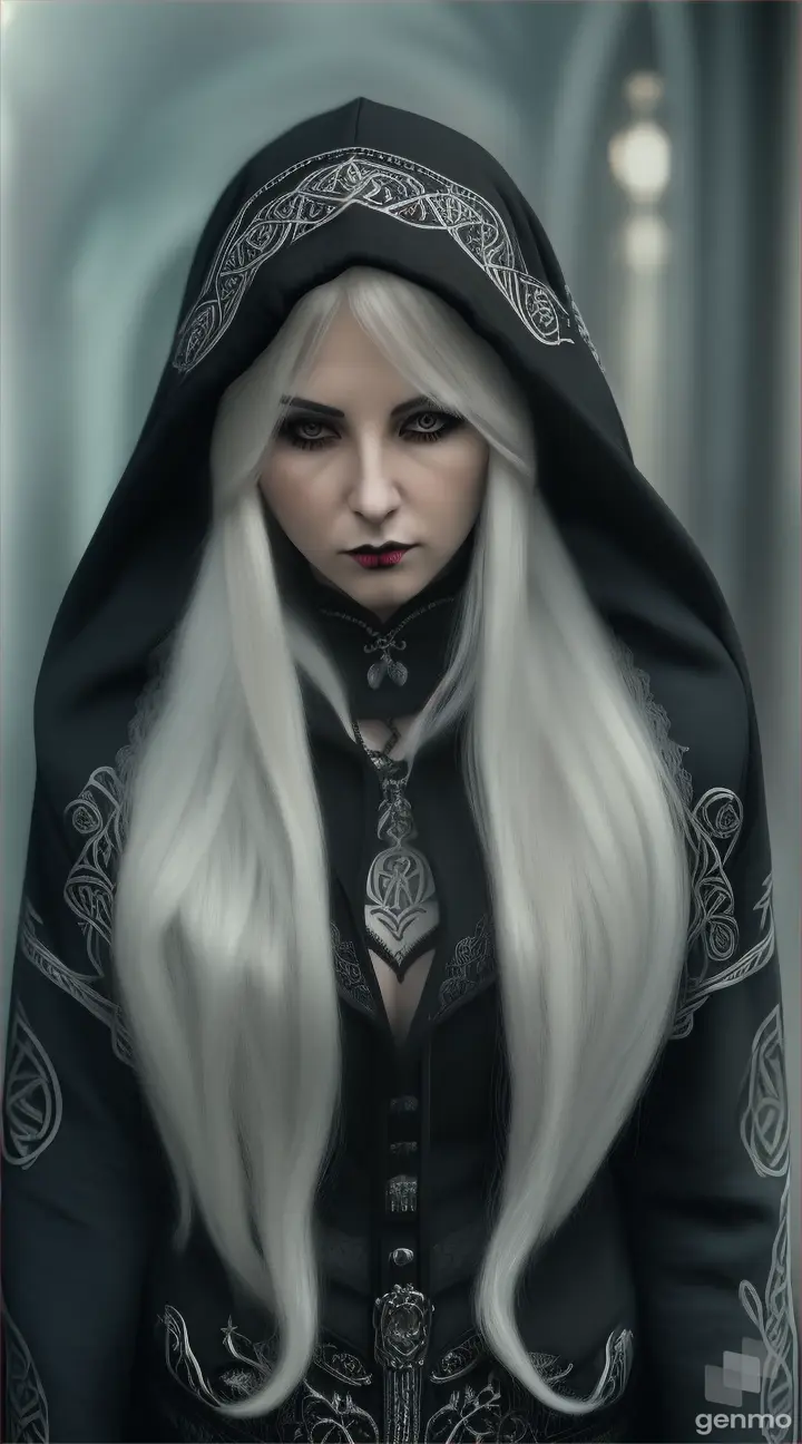 A woman wearing gothic style hoodie and jeans, laces, tattoos, Celtic ornaments, white long straight hair, walking between black roses, blended with black smoke, black smoke, silver knives, looks like assassin, model type, front to camera, Russian beauty type. Realistic image, HDR quality, high details