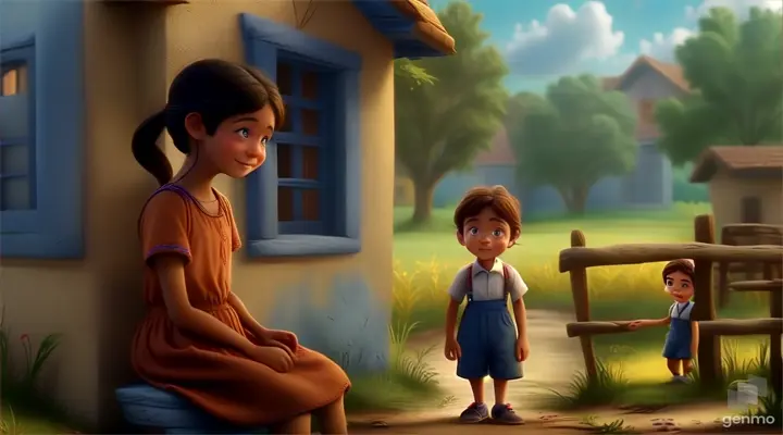 a little boy and a little girl standing in front of a house