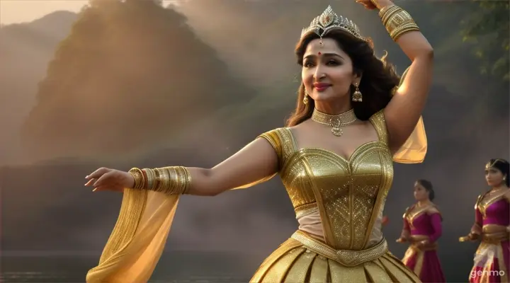 realism/ cinematic / 4k high definition / actress madhuri dixit in queen costume romantic dancing at beautiful natural place/ background female  dancers are dancing in mist