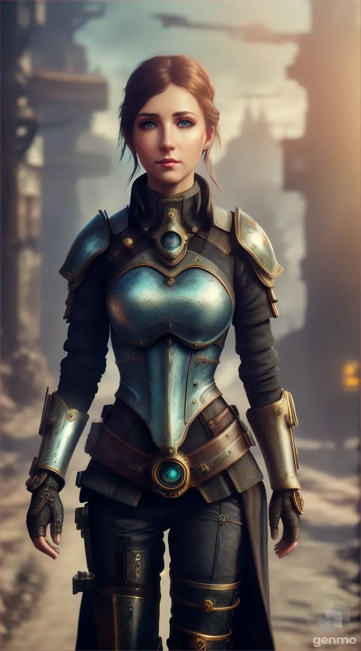 Fantasy woman looks like cowgirls from postapocalyptic steam-punk times, walking on the street of the steam settlement, front to camera, armored, model type, Ukraine beauty style, fantasy climate, HDR quality, great details