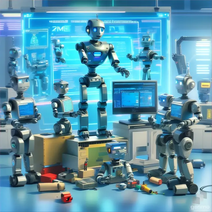 a group of robots standing in front of a computer