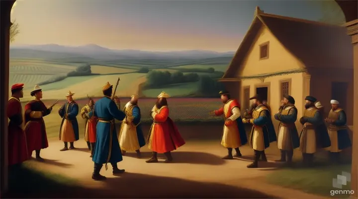 King Orders the Pot to be Brought: The king sending his soldiers to take the magical pot from the farmer's home.