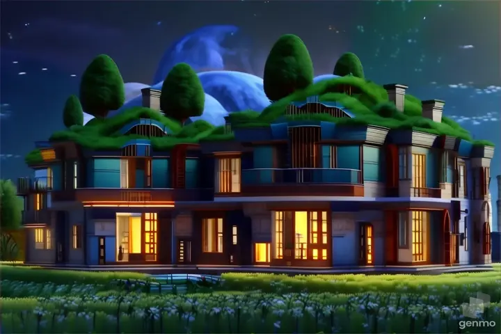 a night scene of a house with a green roof