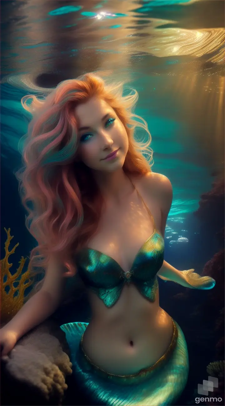 A beautiful mermaid bathed in the ethereal glow of a bioluminescent-filled ocean cave