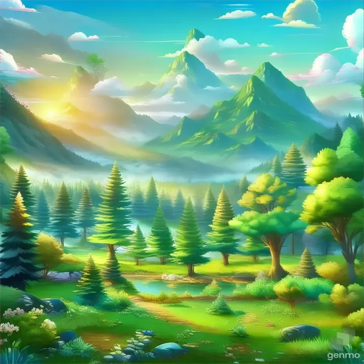 a beautiful forest  with green land 3D animation cartoon zom in 