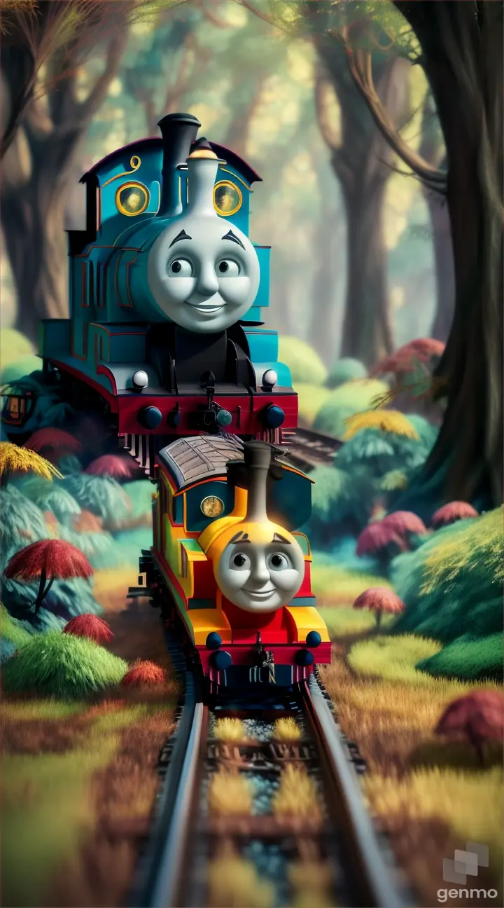 Thomas the Train with spider legs  traversing a magical forest, with vibrant, shimmering colors and fantastical creatures