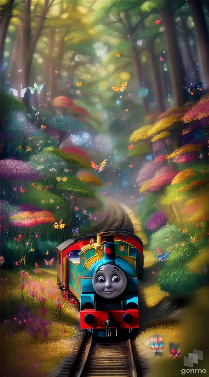 Thomas the Train with spider legs  traversing a magical forest, with vibrant, shimmering colors and fantastical creatures