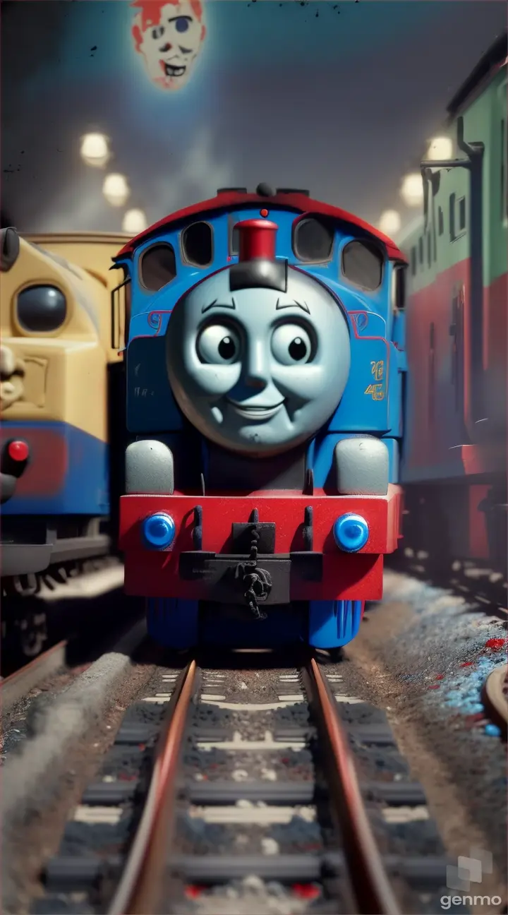 A Thomas the train blue and red  with zombie face on it