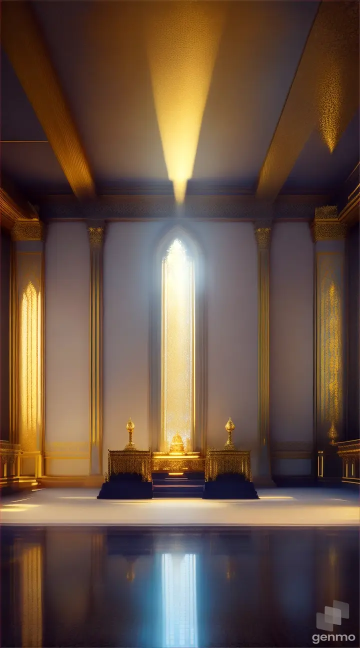 A sparkling golden room in a mystical temple, rich with cultural and historical references