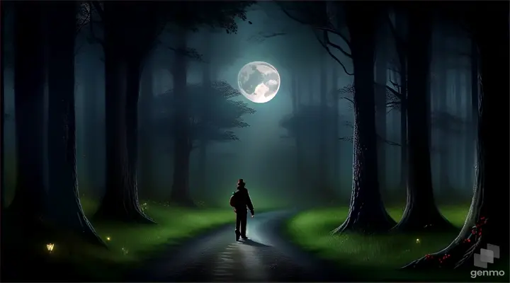 a person walking down a path in the middle of a forest at night