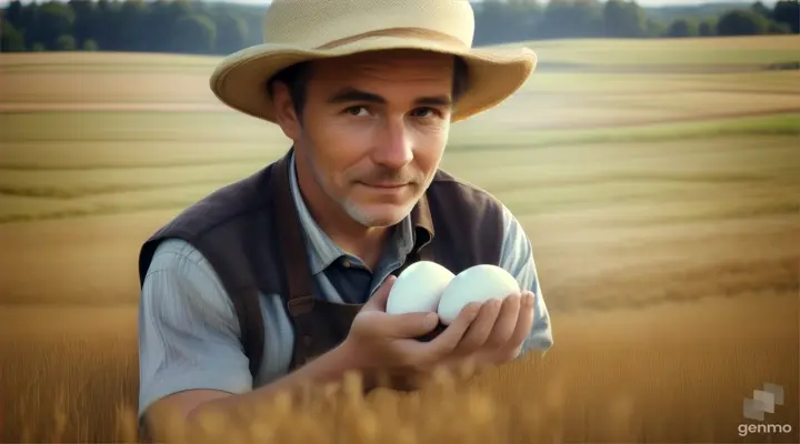 farmer with one white egg