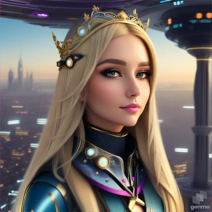 Beautiful face of a European girl, full face. small unusual beautiful electronic magnetic-hightech-diadem on her head. her blonde hair fluttering in the wind and a silky scarf. in the sky fantastic flying personal transport in the form of a flying capsule from the year 3024 are visible. a high-tech cityscape with skyscrapers is visible.