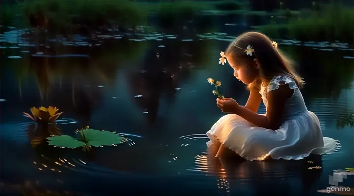 a little girl sitting in the water with a flower in her hand