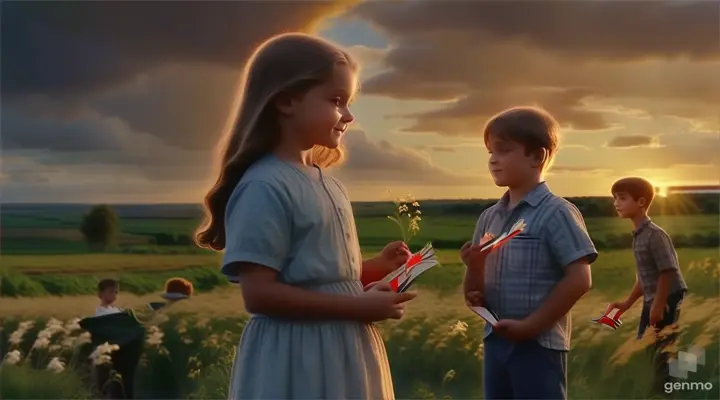 a boy and a girl standing in a field