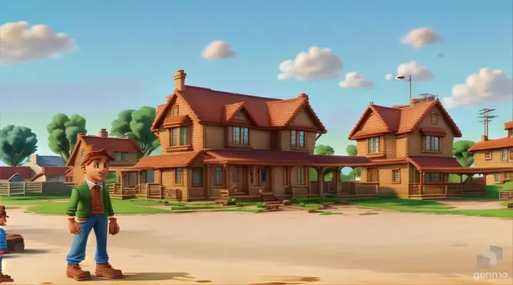 a cartoon character standing in front of a house and talking