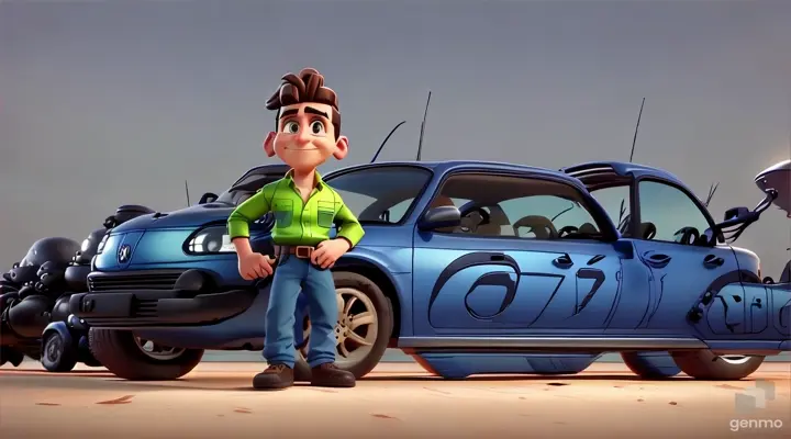 a cartoon character standing next to a blue car