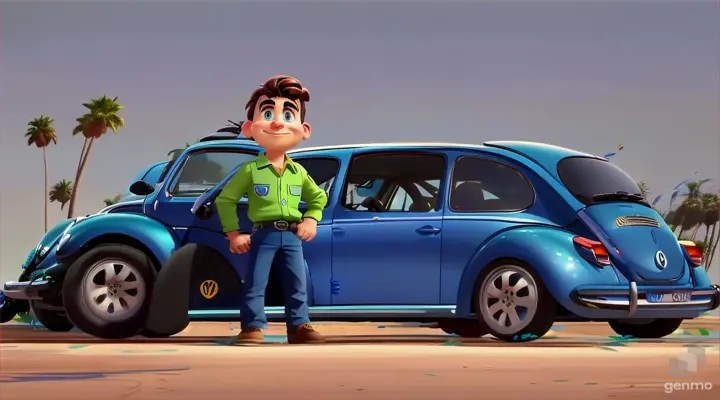 A cartoon character standing near a bright blue Volkswagen Beetle on a sunny coastal road, palm trees in the background