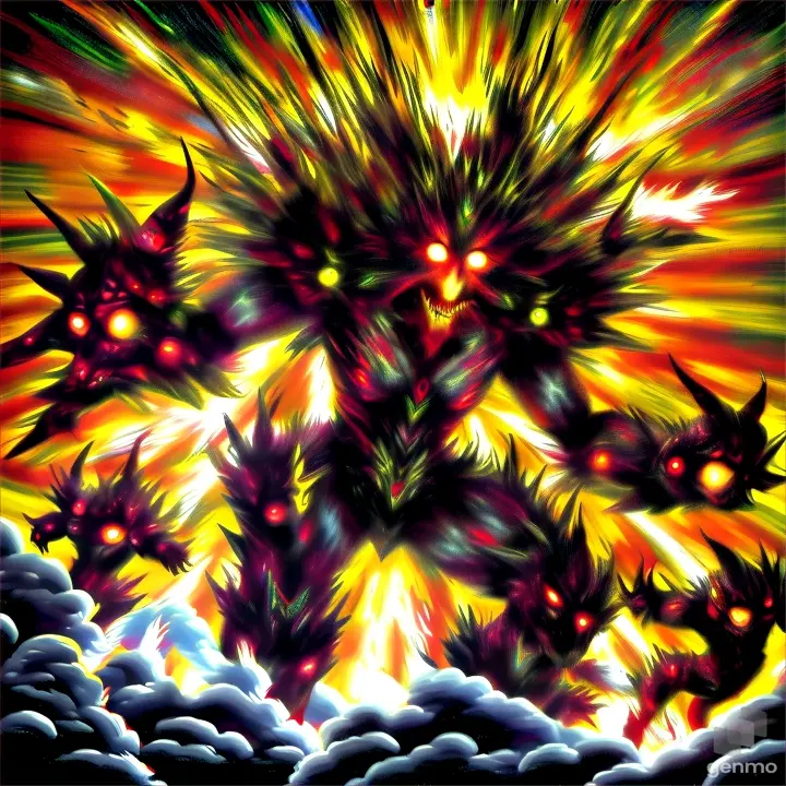 a painting of a demonic creature surrounded by clouds