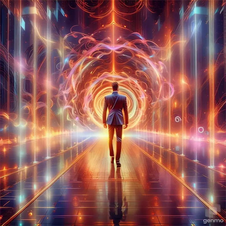 a man walking through a tunnel of neon lights