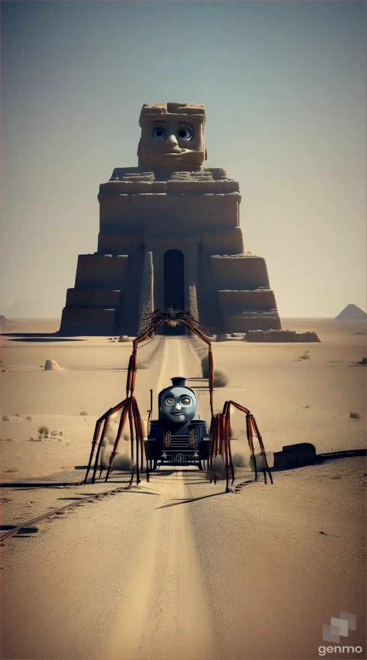 A creepy and scary Thomas the train with giant spider legs near pyramid