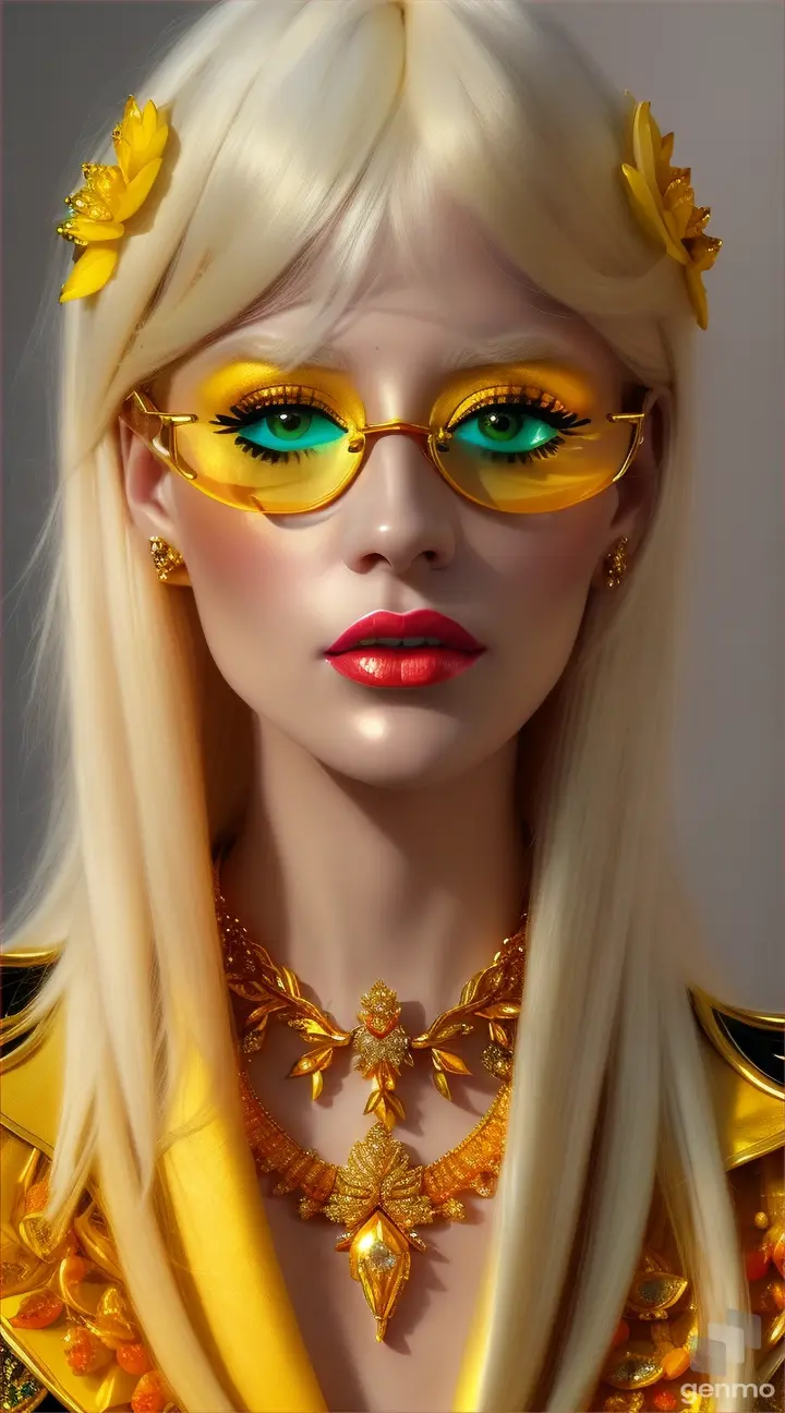 A photo of an albino woman with yellow eyes, wearing bold sunglasses and a golden necklace made from precious stones. She is dressed in a fashionable outfit with cutouts on the chest, all set against a vibrant background of bright yellows and oranges. The lighting highlights her striking features, creating a high-fashion editorial look. Shot in the style of photographer Mario Testino. --ar 14:25 Neon glowing headshot of a woman in her bedroom, in the style of vibrant colors in nature, bio-art, intricate, coralpunk, I can't believe how beautiful this is, close up, photorealistic techniques