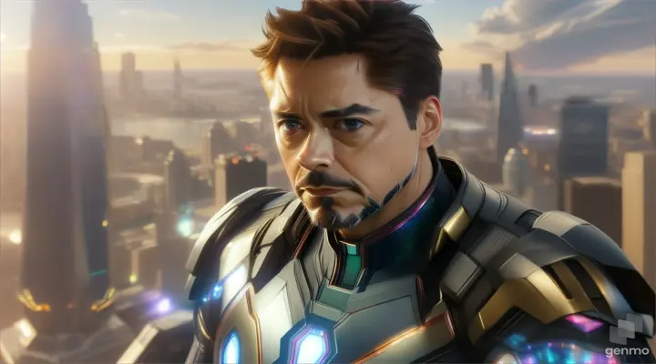 Tony Stark surrounded by holographic tech, prototyping new suit designs on the Avengers tower roof terrace