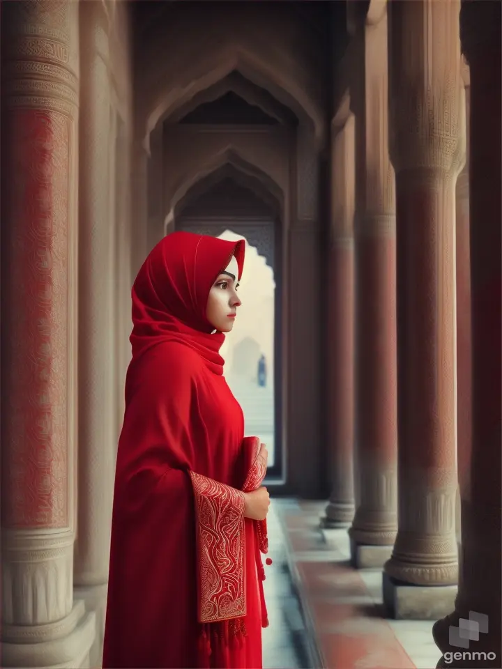 Woman in red hijab walking in temple