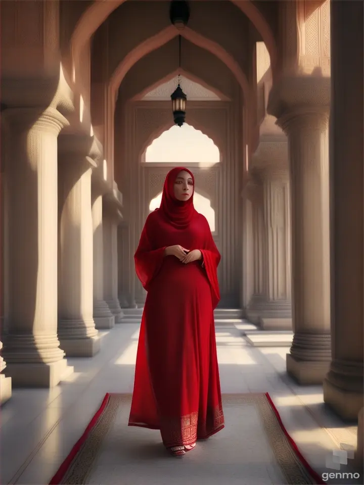 Woman in red hijab walking in temple