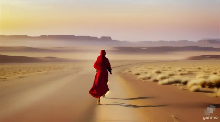 Distant woman in red hijab running in desert