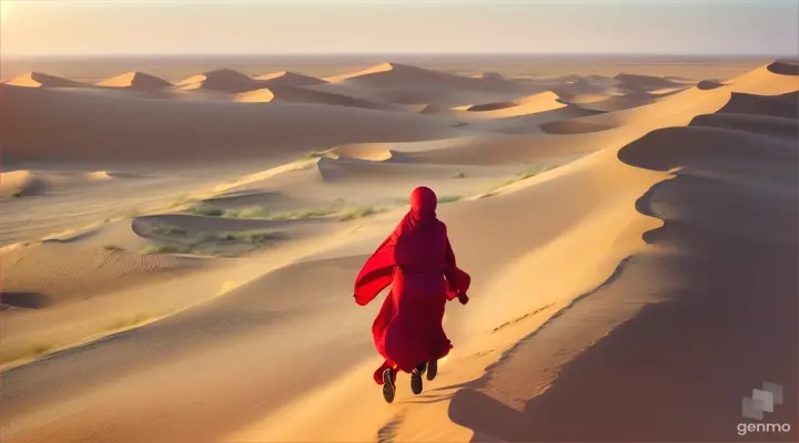 Distant woman in red hijab running in desert