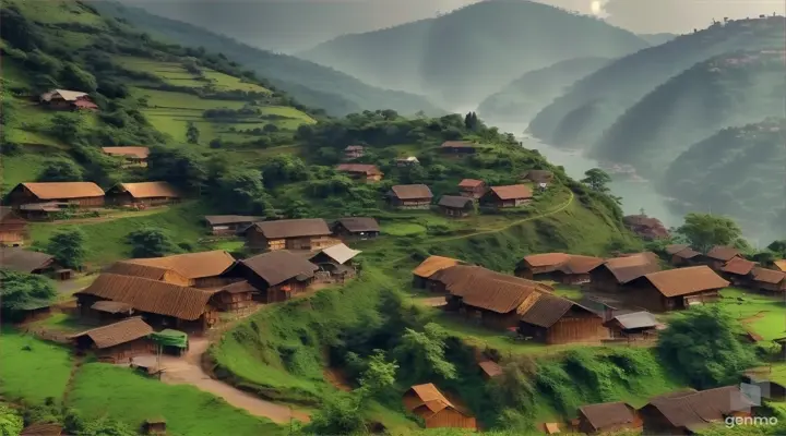 a village in the middle of a lush green hillside