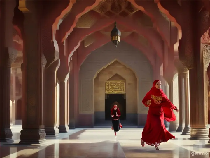 Woman in red hijab running in temple