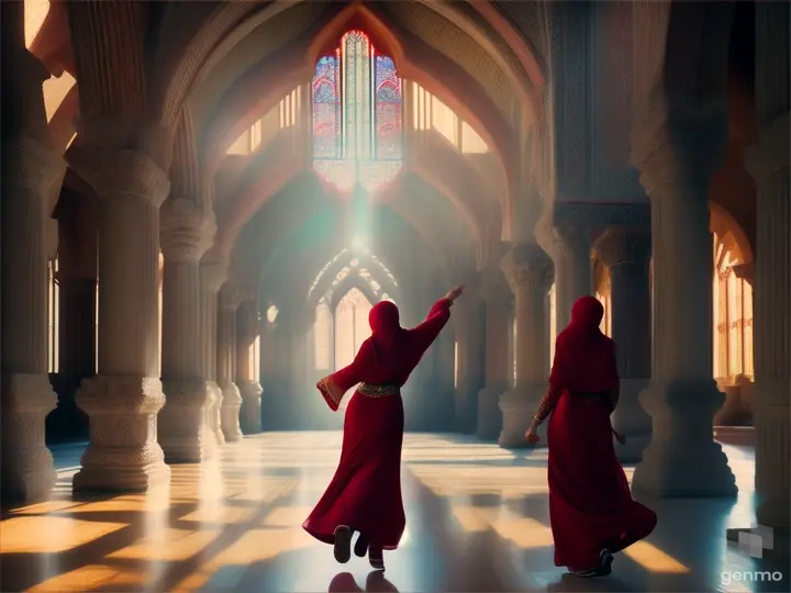 Woman in red hijab running in temple