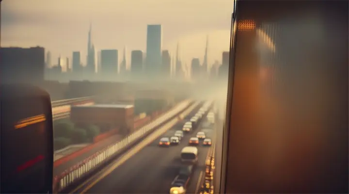 Fotografía antigua de las vistas de una ciudad desde la ventana de un autobús