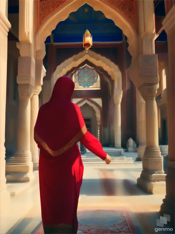 Woman in red hijab running in temple