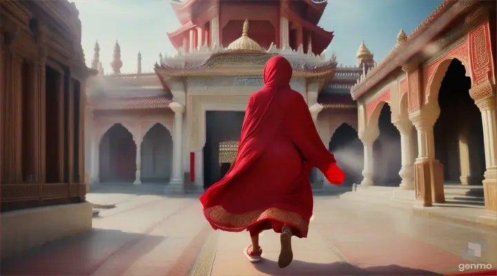 One woman in red hijab running in temple towards camera