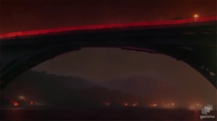 a bridge lit up with red lights at night