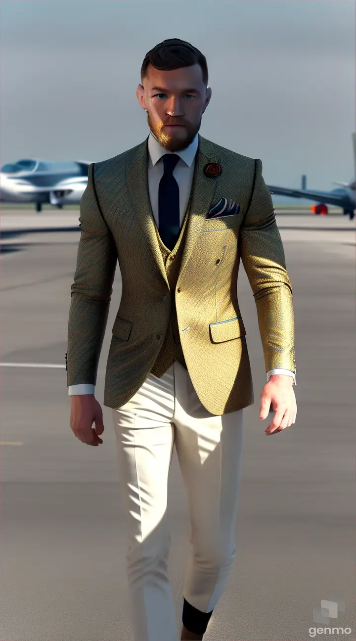 Conor McGregor walks down the runway to his personal golf stream airplane, realistic and cinematic