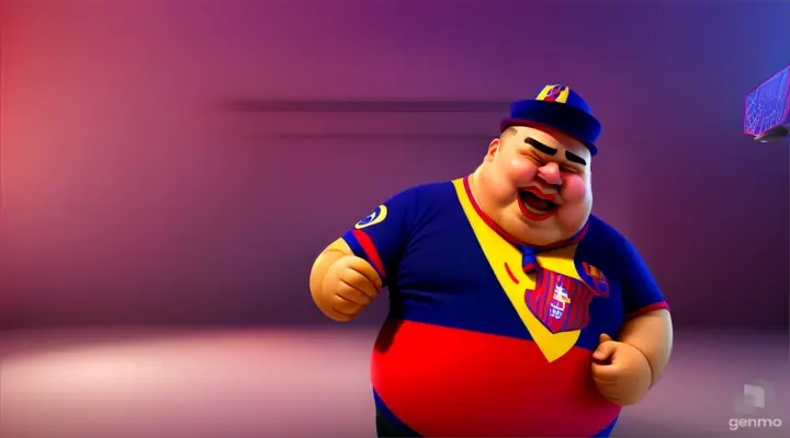 A crazy fat man with a crazy face dancing to music with an FC Barcelona shield on the chest of his shirt and a tie tied on his head dancing to House music in an After hours in 3D digital Pixar caricatura He wears the tie tied on his head as if it were a hair ribbon. 