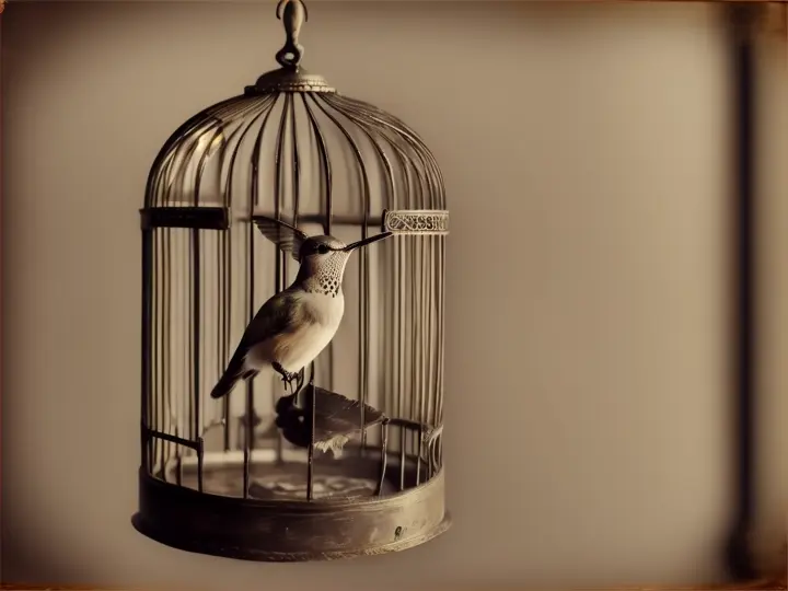 Fotografía antigua de un colibrí en una vieja jaula