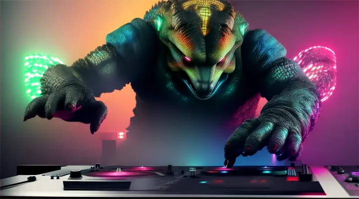 A Komodo Kaiju is mixing on the his Numark Mixstream Pro Go