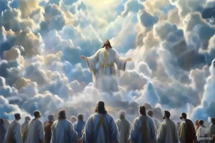 a painting of jesus standing on top of a hill surrounded by clouds