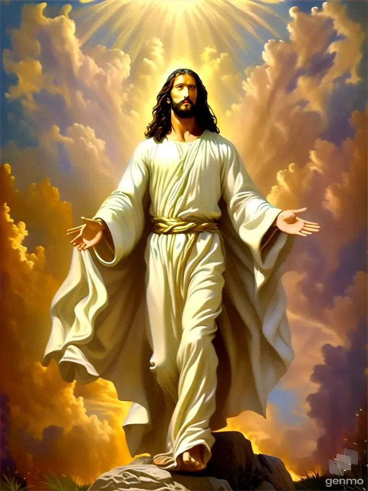 a painting of jesus walking on rocks with his arms outstretched