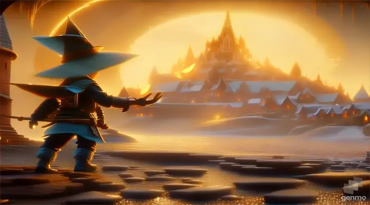 a cartoon of a wizard holding a fire in front of a castle